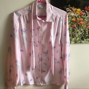 70s-80s Pink Silky Floral Blouse w/ Matching Tie